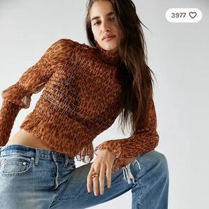 FREE PEOPLE Hello There Sheer Long Sleeve Top / Leopard Combo NWT